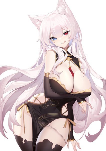 Anime picture 2480x3508 with original kojioo single long hair tall image looking at viewer fringe highres breasts light erotic simple background hair between eyes large breasts white background cleavage white hair traditional clothes head tilt heterochromia chinese clothes