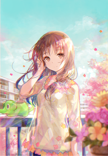 Anime picture 896x1295 with original fuzichoco single long hair tall image fringe smile brown hair standing brown eyes signed sky cloud (clouds) upper body outdoors wind blurry depth of field floral print adjusting hair