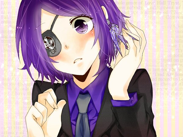 Anime picture 1024x768 with katekyou hitman reborn chrome dokuro sonoko single blush short hair open mouth purple eyes purple hair girl uniform earrings necktie eyepatch skull