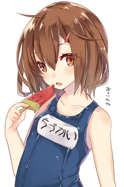 Anime picture 600x900 with kantai collection ikazuchi destroyer sakofu single tall image blush fringe short hair breasts open mouth light erotic simple background hair between eyes brown hair white background brown eyes looking away upper body ahoge flat chest