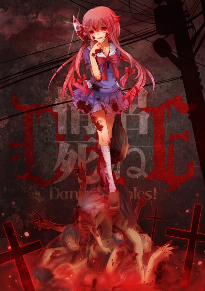 Anime picture 2000x2829 with mirai nikki gasai yuno emia wang long hair tall image highres red eyes pink hair guro girl uniform bow hair bow school uniform socks blood white socks cross knife corpse