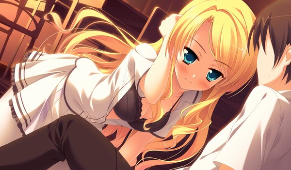 Anime picture 2048x1200 with princess evangile long hair blush highres blue eyes light erotic blonde hair wide image game cg open clothes open shirt girl