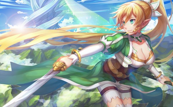 Anime picture 1600x997 with sword art online a-1 pictures leafa hua-j single long hair fringe breasts blonde hair smile wide image large breasts holding green eyes looking away sky cloud (clouds) ponytail braid (braids) long sleeves