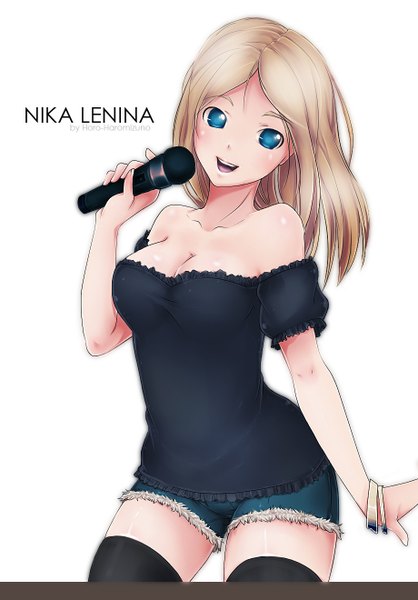 Anime picture 920x1320 with real life nika lenina eventh7 single long hair tall image blush blue eyes simple background blonde hair smile white background bare shoulders girl thighhighs black thighhighs shorts short shorts microphone