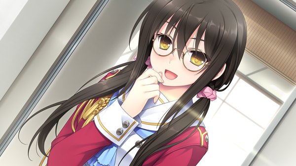 Anime picture 1920x1080 with hello lady akatsuki-works single long hair looking at viewer blush highres open mouth black hair wide image brown eyes game cg girl uniform school uniform glasses