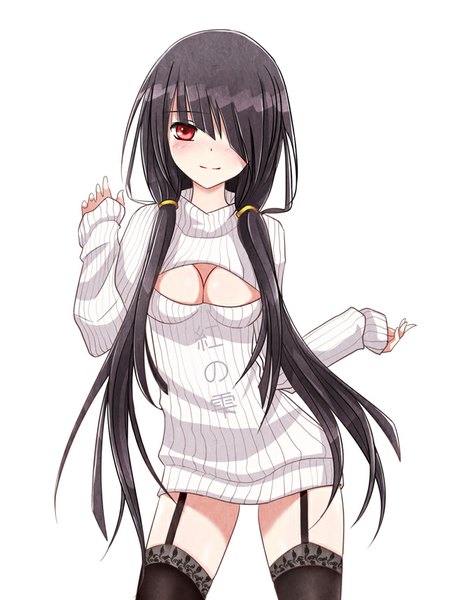 Anime picture 650x860 with date a live tokisaki kurumi kurenai no shizuku single long hair tall image looking at viewer blush fringe light erotic black hair simple background smile red eyes standing white background twintails long sleeves hair over one eye low twintails