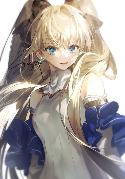 Anime-Bild 700x1000 mit original sorolp single long hair tall image looking at viewer fringe breasts open mouth blue eyes simple background blonde hair smile hair between eyes white background twintails signed upper body girl dress
