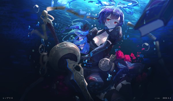 Anime picture 1969x1152 with sinoalice alice (sinoalice) lm520lm520 single fringe highres short hair breasts black hair red eyes wide image large breasts signed looking away short sleeves depth of field dated underwater girl thighhighs