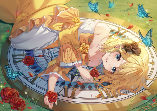 Anime picture 4093x2894 with vocaloid kagamine rin ranchan12 single looking at viewer blush fringe highres short hair breasts blue eyes blonde hair smile large breasts holding absurdres cleavage outdoors lying long sleeves
