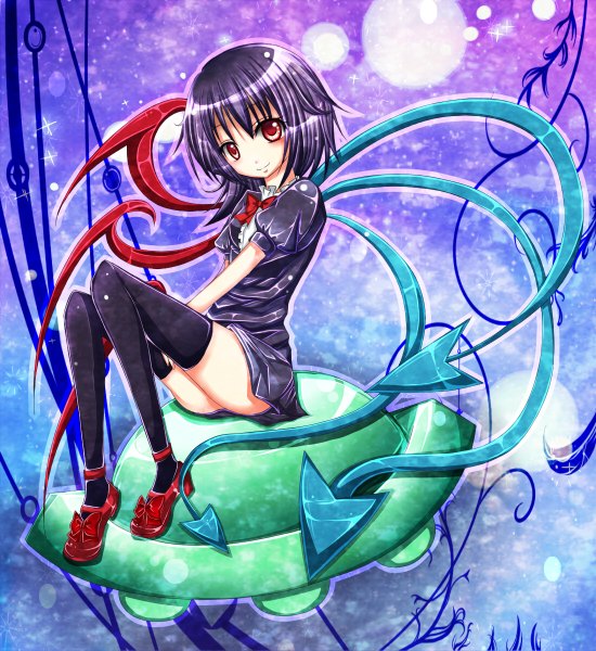 Anime picture 1100x1200 with touhou houjuu nue harukaruha (artist) tall image short hair smile red eyes sitting purple hair loli girl thighhighs black thighhighs wings spacecraft ufo flying saucer