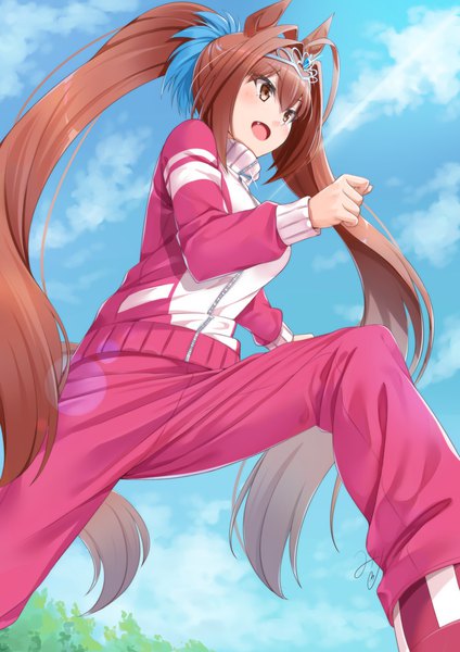 Anime picture 827x1169 with umamusume daiwa scarlet (umamusume) miri (ago550421) single tall image blush open mouth brown hair twintails brown eyes animal ears looking away sky cloud (clouds) tail very long hair animal tail horse ears running horse tail