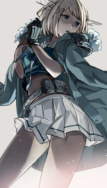 Anime picture 569x1000 with kantai collection maya heavy cruiser fujita (condor) single tall image blue eyes blonde hair holding looking away mouth hold alternate hair color glove in mouth girl skirt gloves hair ornament miniskirt belt x hair ornament cloak