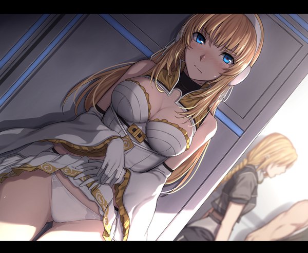 Anime picture 1557x1278 with star ocean star ocean anamnesis evelysse (star ocean) sblack long hair looking at viewer blush fringe breasts blue eyes light erotic blonde hair bare shoulders cleavage ass visible through thighs letterboxed solo focus dress lift girl dress