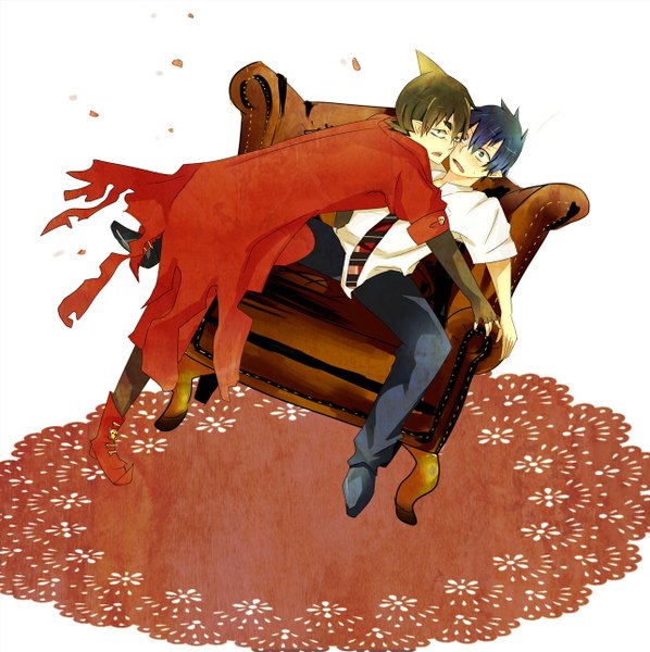 Anime picture 1283x1288 with ao no exorcist a-1 pictures okumura rin amaimon tall image blush short hair open mouth blue eyes black hair simple background white background green eyes green hair pointy ears multiple boys boy necktie 2 boys armchair