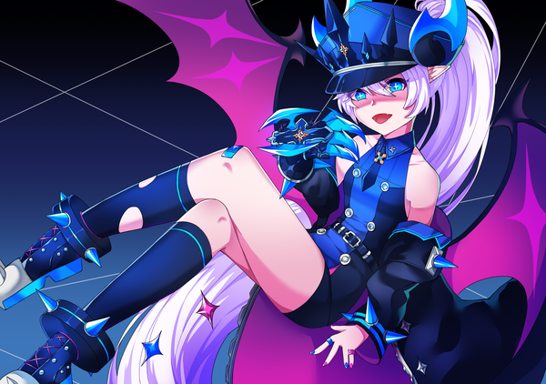 Anime picture 2480x1748 with elsword luciela r. sourcream (elsword) rzj5261 single looking at viewer fringe highres open mouth blue eyes hair between eyes bare shoulders ponytail very long hair nail polish :d horn (horns) fingernails pointy ears off shoulder crossed legs