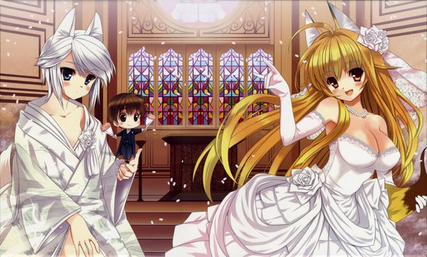 Anime picture 3844x2316 with kanokon minamoto chizuru ezomori nozomu oyamada kouta highres light erotic wide image fox girl wolf girl fox shadow puppet girl dress wedding dress