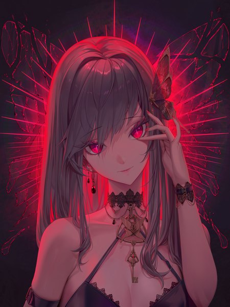 Anime picture 3000x4000 with original cryturtle single long hair tall image looking at viewer fringe highres breasts simple background hair between eyes bare shoulders cleavage upper body nail polish head tilt pink eyes arm up fingernails light smile