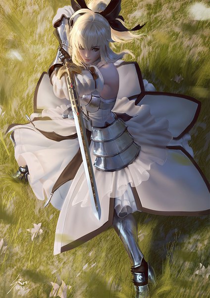 Anime picture 778x1100 with fate (series) fate/grand order fate/unlimited codes artoria pendragon (all) saber lily raikoart single long hair tall image fringe blonde hair hair between eyes standing bare shoulders holding signed looking away full body ahoge outdoors