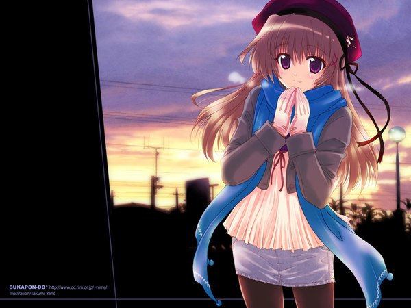 Anime picture 1024x768 with original yano takumi single long hair blush brown hair purple eyes sky light smile wallpaper evening sunset girl gloves ribbon (ribbons) hat miniskirt scarf power lines