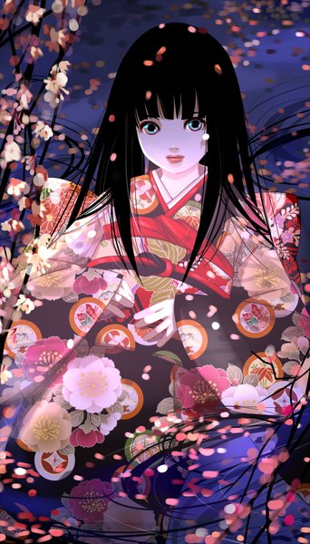 Anime picture 1000x1750 with hell girl studio deen enma ai nanahara single long hair tall image looking at viewer fringe blue eyes black hair very long hair traditional clothes japanese clothes aqua eyes light smile lipstick floral print pale skin girl