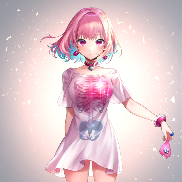 Anime picture 1250x1250 with idolmaster idolmaster cinderella girls yumemi riamu koushi rokushiro single looking at viewer blush fringe short hair light erotic simple background standing holding pink hair pink eyes multicolored hair wind two-tone hair ass visible through thighs colored inner hair