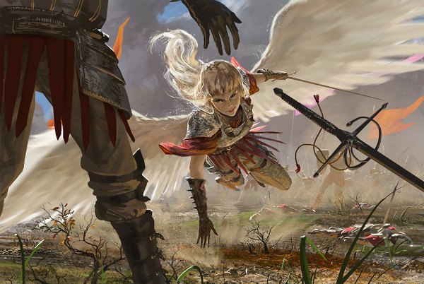 Anime picture 1276x856 with original johannes voss long hair fringe blonde hair grey eyes flying angel wings fantasy white wings frown battle angel girl gloves weapon plant (plants) sword wings boots