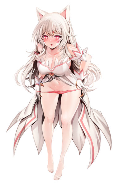 Anime picture 1600x2504 with elsword eve (elsword) zerocat single long hair tall image looking at viewer blush fringe breasts open mouth light erotic simple background large breasts standing white background cleavage silver hair full body pink eyes