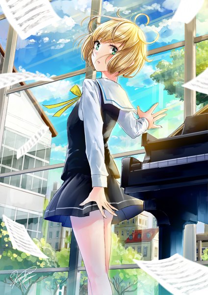 Anime picture 1080x1527 with original kazuharu kina single tall image looking at viewer blush fringe short hair blonde hair standing green eyes signed sky cloud (clouds) parted lips looking back wind from below girl skirt