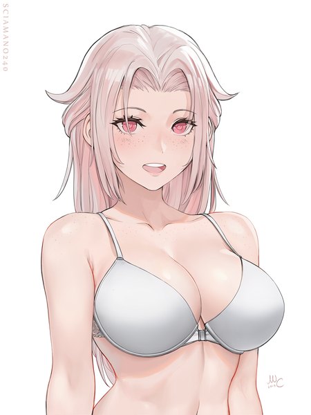 Anime picture 960x1280 with original chloe (sciamano240) sciamano240 single long hair tall image looking at viewer blush fringe breasts open mouth light erotic simple background smile large breasts white background bare shoulders signed payot pink hair