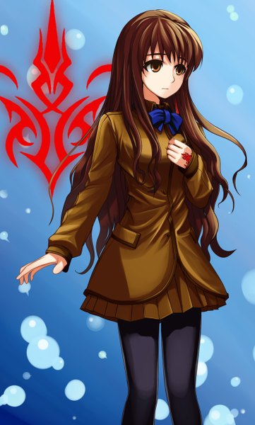 Anime picture 1524x2532 with fate/extra tartaros online rhy1356 single long hair tall image brown hair brown eyes girl skirt bow pantyhose jacket bubble (bubbles)