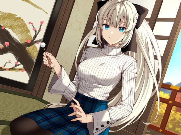 Anime picture 1714x1286 with fate (series) fate/grand order morgan le fay (fate) tila 276 single long hair looking at viewer fringe highres smile sitting payot sky white hair ponytail indoors braid (braids) aqua eyes dutch angle plaid skirt