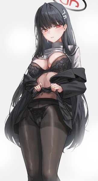 Anime picture 3255x6000 with blue archive rio (blue archive) domi (hyaku8795) single long hair tall image looking at viewer fringe highres breasts light erotic black hair simple background red eyes standing white background absurdres cleavage blunt bangs off shoulder