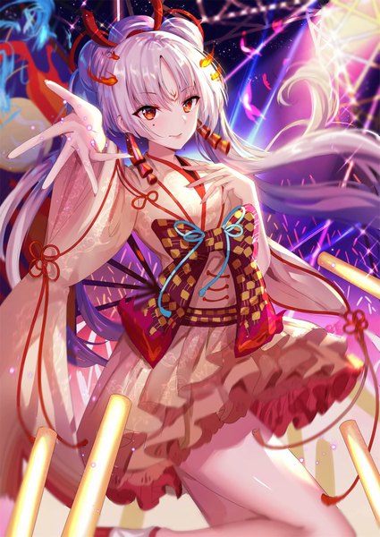 Anime picture 1448x2046 with onmyoji shiranui (onmyoji) shanguier single long hair tall image looking at viewer blush fringe breasts smile hair between eyes red eyes standing twintails payot silver hair bent knee (knees) long sleeves nail polish