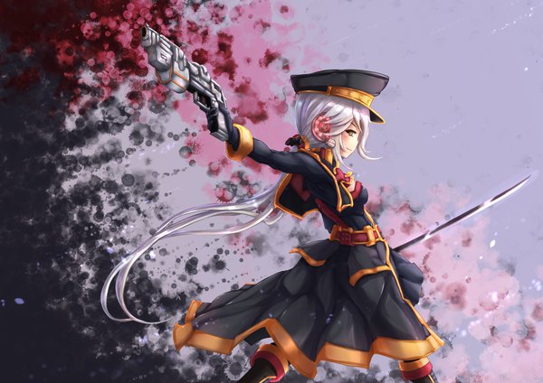 Anime picture 1170x827 with starcraft blizzard entertainment battlecruiser (starcraft) wakaura asaho single looking at viewer holding yellow eyes silver hair looking back light smile outstretched arm low ponytail purple background personification girl gloves uniform weapon hat