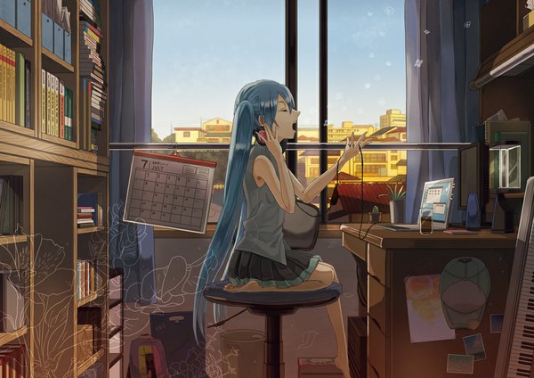 Anime picture 1000x707 with vocaloid hatsune miku takec0086 single long hair open mouth sitting twintails eyes closed profile barefoot aqua hair girl skirt window headphones book (books) chair shelf desk