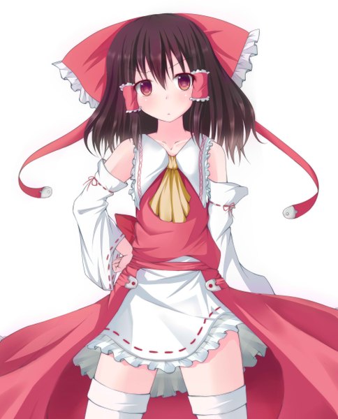 Anime picture 2018x2500 with touhou hakurei reimu nicoby single tall image looking at viewer blush highres short hair black hair red eyes miko girl bow hair bow detached sleeves