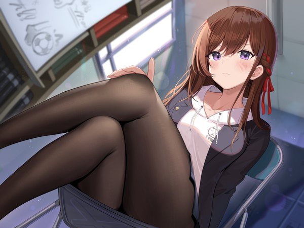 Anime picture 3200x2400 with original ale nqki single long hair looking at viewer blush fringe highres light erotic hair between eyes brown hair sitting purple eyes absurdres indoors from below dutch angle hand on knee girl ribbon (ribbons)