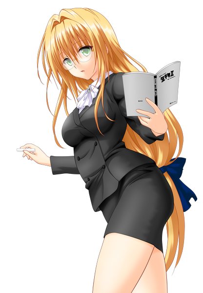 Anime picture 3468x5000 with toloveru toloveru darkness xebec tearju lunatique single long hair tall image highres blonde hair green eyes absurdres transparent background vector teacher girl skirt miniskirt glasses book (books) suit