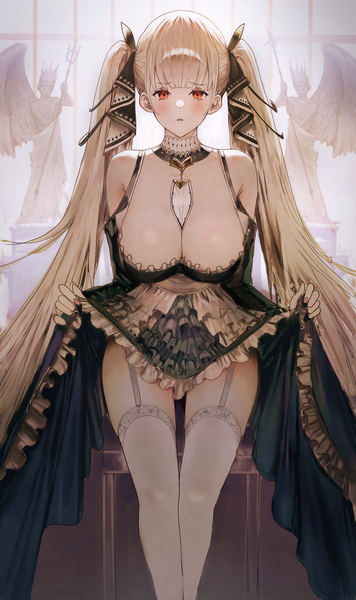 Anime picture 1900x3200 with azur lane formidable (azur lane) ah (pixiv62888100) single tall image looking at viewer blush fringe highres breasts open mouth light erotic blonde hair red eyes large breasts standing twintails bare shoulders cleavage indoors