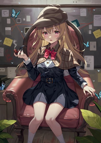 Anime picture 1158x1637 with original calder (pixiv3698273) single long hair tall image looking at viewer blush fringe open mouth hair between eyes brown hair sitting holding payot indoors long sleeves pink eyes multicolored hair arm support smoke
