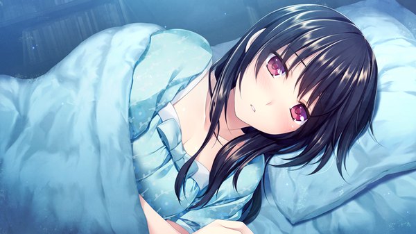 Anime picture 1280x720 with boku no hitori sensou akabei soft2 inuzuka rumi single long hair looking at viewer blush black hair red eyes wide image game cg lying girl pillow pajamas