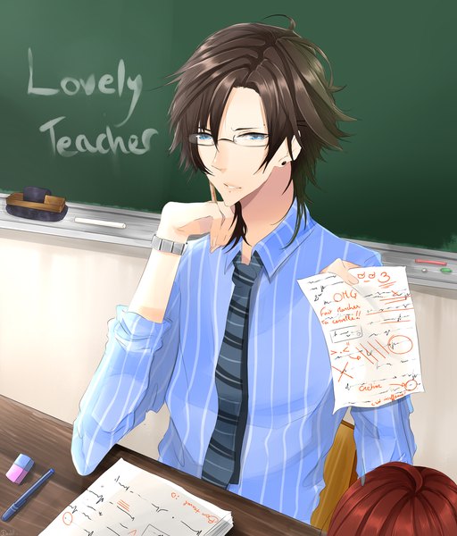 Anime picture 1024x1200 with original dadel-75 tall image short hair blue eyes brown hair sitting holding striped teacher boy earrings shirt glasses necktie clock paper pocket watch pen blackboard