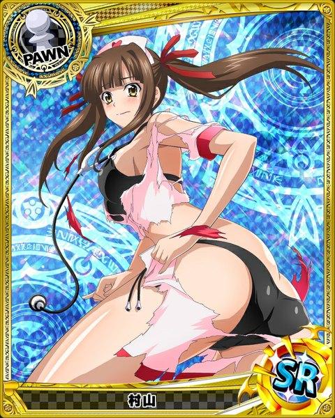 Anime picture 640x800 with highschool dxd murayama (high school dxd) single long hair tall image looking at viewer blush light erotic brown hair twintails holding yellow eyes open shirt torn clothes card (medium) nurse girl skirt uniform underwear