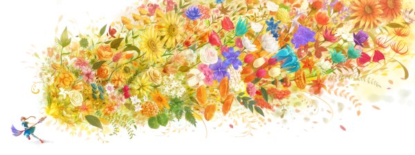 Anime picture 4800x1800 with original bounin single highres simple background brown hair wide image white background holding braid (braids) running girl dress flower (flowers) plant (plants) petals shoes