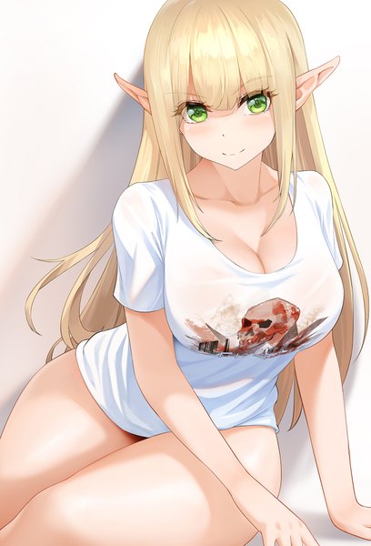 Anime picture 1360x2000 with original obaoba (monkeyix) single long hair tall image looking at viewer blush fringe breasts light erotic simple background blonde hair smile hair between eyes large breasts sitting green eyes payot cleavage pointy ears