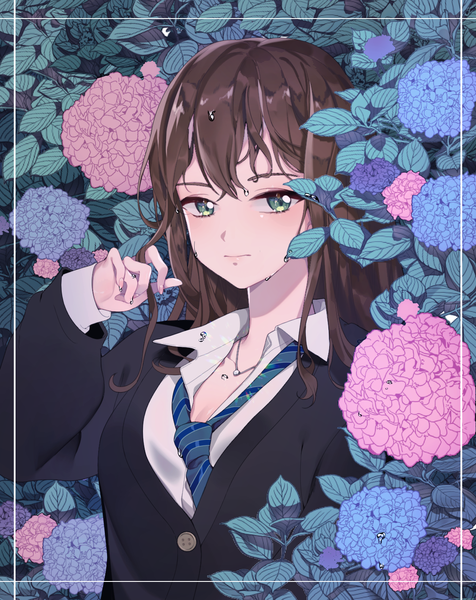Anime picture 1103x1391 with idolmaster idolmaster cinderella girls shibuya rin rimsuk single long hair tall image looking at viewer blush fringe brown hair green eyes cleavage upper body wet partially open clothes holding hair girl uniform flower (flowers)