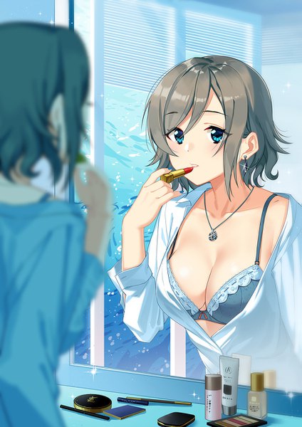 Anime picture 919x1300 with love live! sunshine!! sunrise (studio) love live! watanabe you zhanzheng zi single tall image blush fringe short hair breasts blue eyes light erotic hair between eyes large breasts standing holding payot cleavage upper body