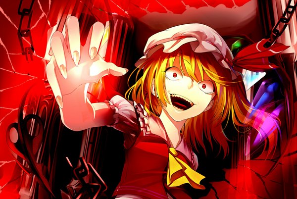 Anime picture 1110x744 with touhou flandre scarlet ant of spirit single short hair open mouth blonde hair red eyes girl weapon wings chain bonnet laevatein (touhou)
