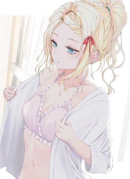 Anime picture 1232x1686 with ayakashi triangle tsukioka lucy kurony (sirony) single long hair tall image blue eyes light erotic blonde hair looking away upper body ponytail open clothes outside border girl ribbon (ribbons) hair ribbon lingerie bra pink bra