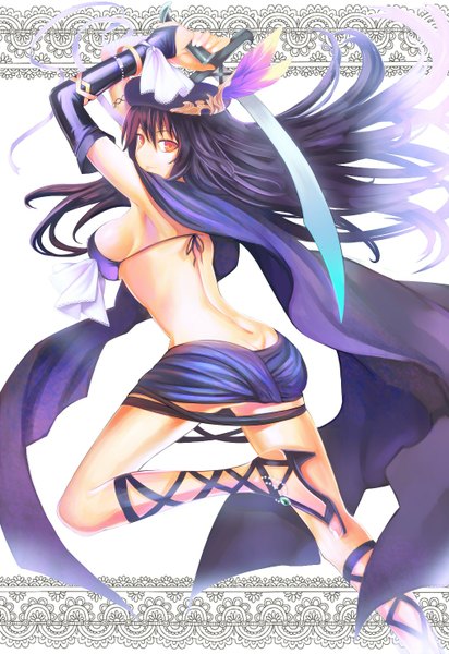 Anime picture 1016x1477 with original pixiv fantasia pixiv pixiv fantasia sword regalia single long hair tall image fringe breasts light erotic smile bare shoulders holding purple hair ass looking back fingernails orange eyes running girl